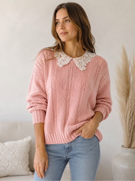 Chaus Sweaters - Vintage CHAUS Pink Silk Blend Sweater Lace Peter Pan Collar Cottagecore Size M
